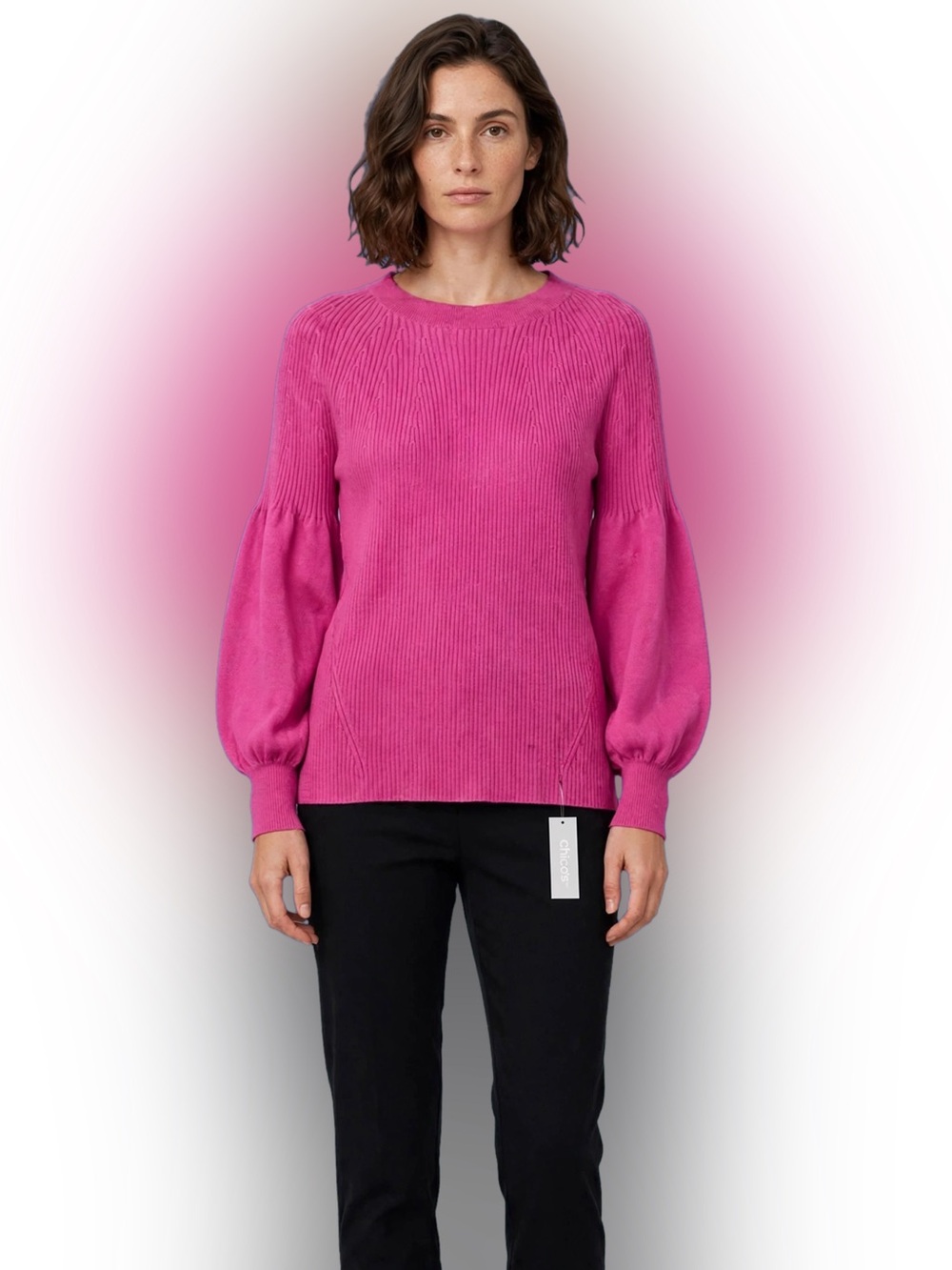 Chico's Bright Fuchsia Ribbed Crewneck Sweater with Balloon Sleeves